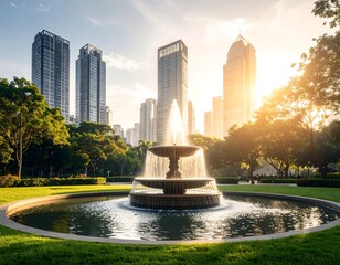 Urban park fountain at sunrise