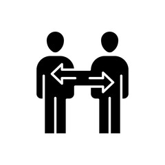 User connection, exchange of experience icon. Simple glyph style. Two people with arrows, friendship, communication, business, relationship concept. Solid symbol. Vector illustration isolated.