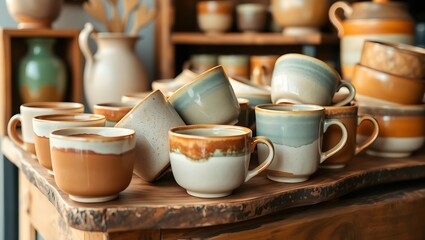 "Closeup of Handmade Ceramic Cups on Display for Sale"
