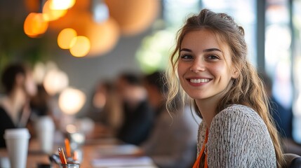 Natural Light Portrait of a Smiling Woman in a Meeting Setting