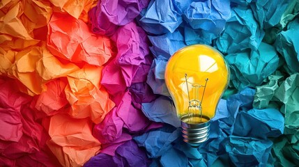 Vibrant Colorful Crumpled Paper Texture Background with Glowing Light Bulb Concept