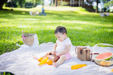 Family enjoys leisure picnic on sunny day with baby playing on blanket surrounded by picnic items and people relaxing in background, capturing joyful concept