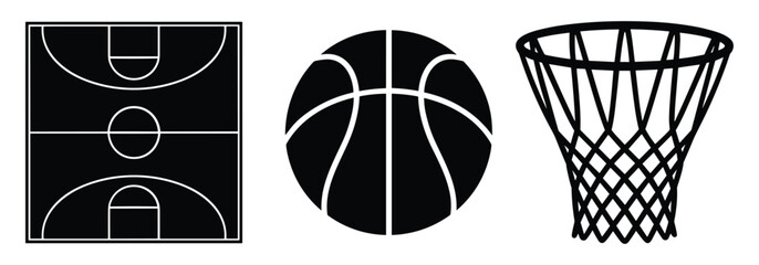 Set of basketball court ball hoop silhouette vector illustration isolated on white background