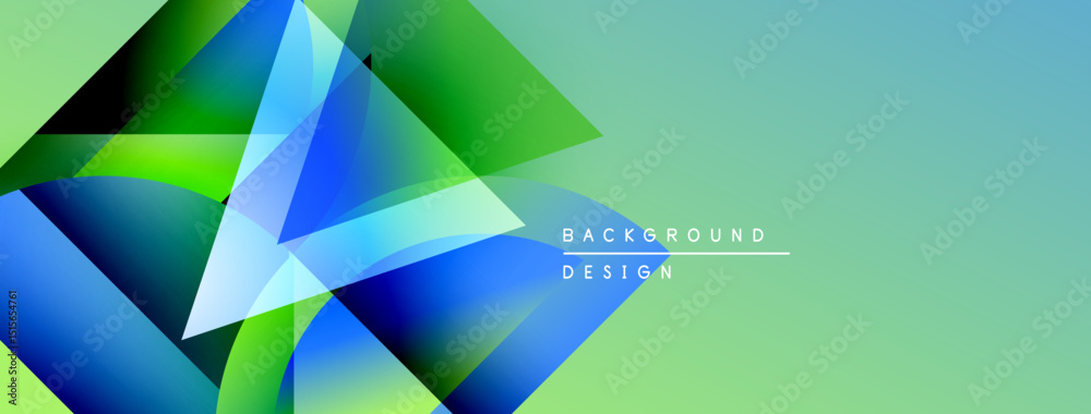 Poster abstract geometric shapes overlap, creating vibrant blue, green gradients. background features light