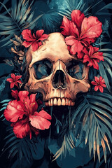Illustration of a Human Skull Surrounded by Orchid Flowers