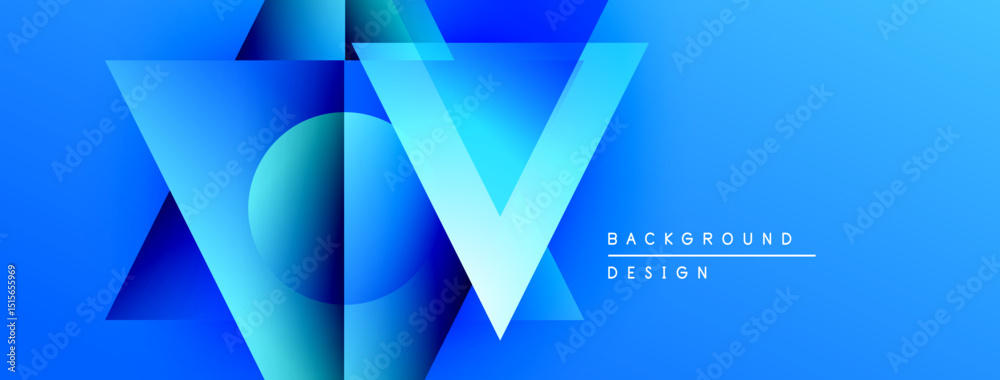 Poster Abstract geometric shapes overlap, creating vibrant blue gradient background. Modern design elements suggest innovation, technology.