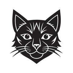 Detailed Black Cat Head Drawing with Sharp Eyes and Whiskers