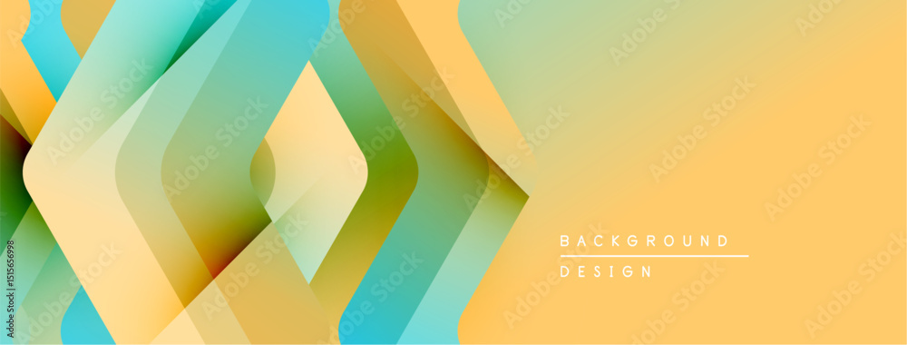Poster abstract geometric shapes overlap, creating layered effect. yellow, turquoise hues dominate design. 
