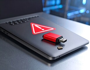 Warning sign on laptop with USB drive