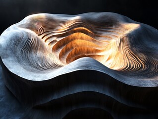 Striking sculptural form illuminated in the dark, revealing intricate textural layers