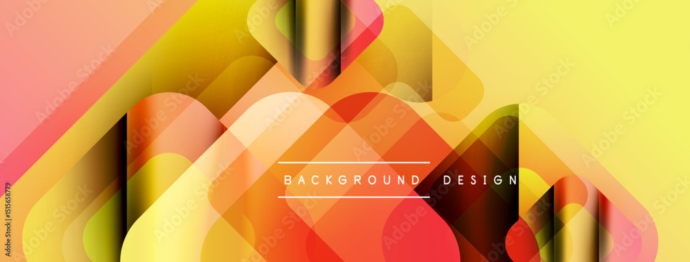 Poster abstract geometric shapes overlap, creating vibrant yellow, orange, red gradients. modern design fea