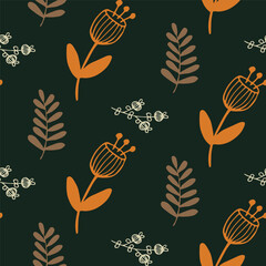 Seamless Floral Pattern with Orange and Cream Flowers on Dark Background