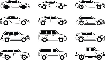 Fototapeta premium Set of minimalist black and white vehicle illustrations representing various car types suitable for transportation and automotive designs