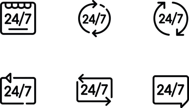 Set of six minimalist black and white 24/7 service and support icons illustrating always available assistance and availability for businesses