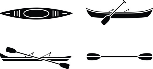 Fototapeta premium Black silhouette illustrations of kayaks canoes oars and paddles depicting outdoor water sport activities