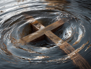 Wooden Cross Submerged in Swirling Water 