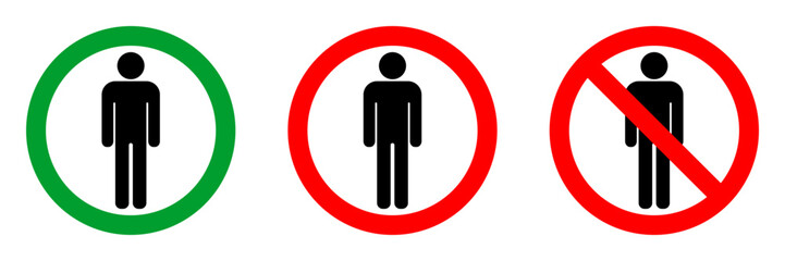 no man allowed red circle sign, green allowed round vector icon, 3 pictogram collection