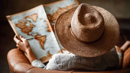 A person wearing a straw hat sits on a chair and looks at a world map, planning or dreaming of travel.