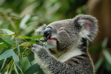 Fototapeta premium Koala bear savoring eucalyptus leaves in a lush Australian forest during daylight hours, Koala bear eating eucalyptus tree leaves in Australian wildlife forest reserve