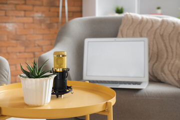Microphone with plant on table in podcaster's studio, closeup