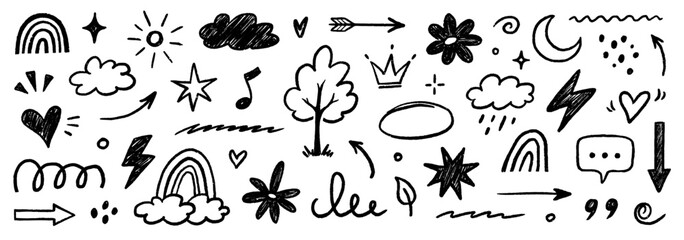 Hand drawn crayon chalk icon set. Cute flower, heart, cloud, star, crown and rainbow in colorful kid scribble style. Tree, house, smile, sun school sketch nature children design. Vector illustration