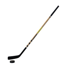 Wooden Composite Field Hockey Stick and Black Puck Isolated on White Background