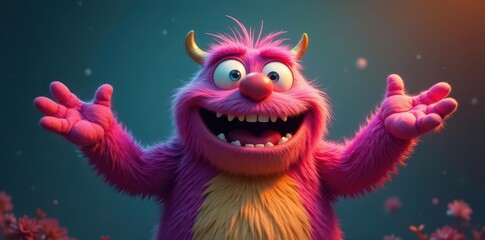 Smiling, bouncy monster, arms outstretched in invitation , invitation, colourful, party