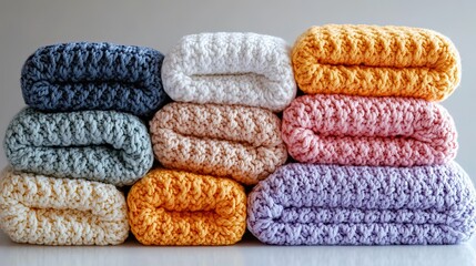A cozy stack of hand knitted blankets in pastel colors evoking warmth and comfort on a chilly...