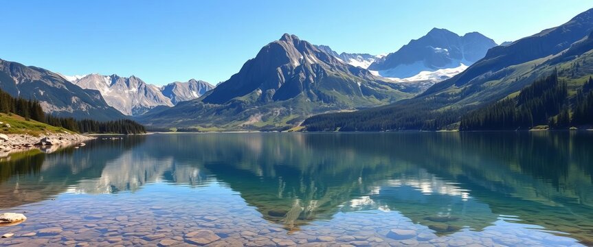 Crystal clear mountain lake reflecting serene peaks, tranquil nature escape,  holiday,  image