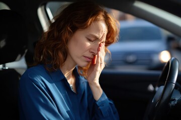 Woman in her car is experiencing discomfort, holding her head in distress. scene captures moment of frustration and anxiety, highlighting emotional toll of her situation