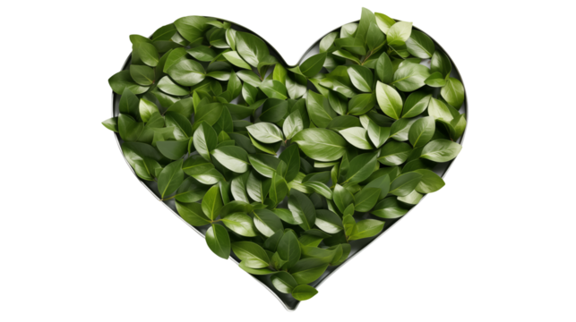 Heart shaped arrangement filled with lush green leaves against a stark black background image view