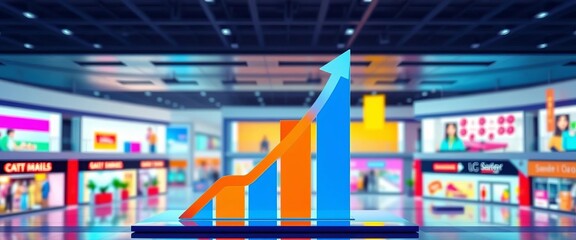 Flat graphic depicting upward trending graph inside shopping mall icon, vibrant color palette,  chart,  profit