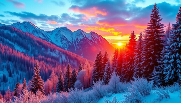 Frosty winter sunrise paints a majestic mountain forest in vibrant hues, a breathtaking Christmas landscape,   breathtaking view,  stunning