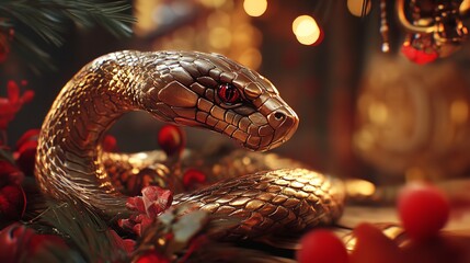 Close-up of a Snake's Head with Intricate Golden and Red Scales