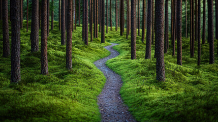 Winding path through lush green forest with tall trees creates serene atmosphere
