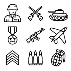 Obraz premium A set of doodle line icons representing military elements such as soldier, weapons, medals, tank, jet, bullets, and grenade