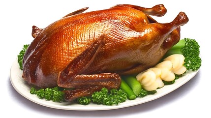 Delicious roasted duck served on a white platter with garnishes ready to eat