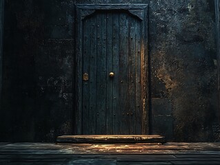 Mysterious weathered wooden door set in a dark stone facade evokes curiosity