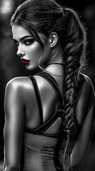 Naklejka premium Woman with long hair and a red lipstick. She is wearing a black dress and a necklace