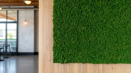 Lush green moss wall in modern cafe with wood texture, creating serene atmosphere