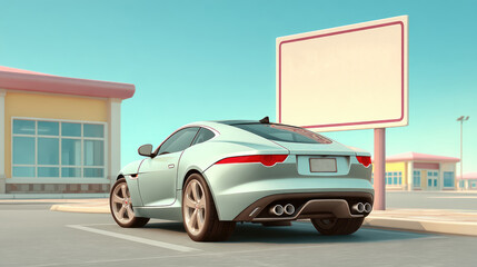 Modern Sports Car in Urban Setting with Blank Billboard in Background