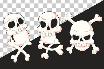 Cartoon flat Halloween skull illustration set with fun, creepy, and spooky character faces. Ideal for posters, flyers, social media, and themed Halloween graphic assets.