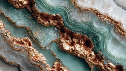Fototapeta premium Abstract agate surface patterns in mint green and earthy brown tones, natural stone textures for jewelry design or luxury packaging 