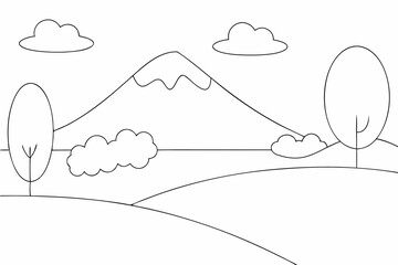 Mountains landscape nature coloring page simple and minimal line art illustration on white background