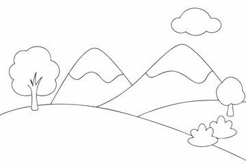Mountains landscape nature coloring page simple and minimal line art illustration on white background
