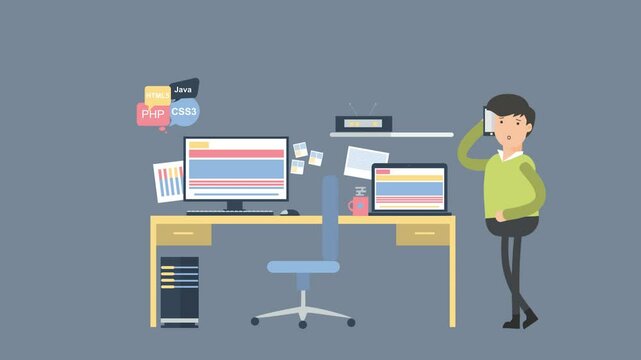 Animated office workspace with developer on phone, programming code on computer screen