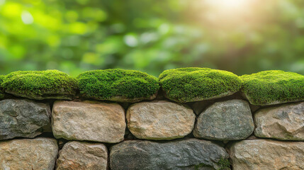 Moss covered stone wall in serene garden setting evokes tranquility and nature beauty