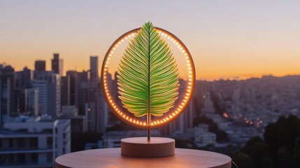 Lamas personalizadas con tu foto Illuminated green leaf sculpture on a wooden base.