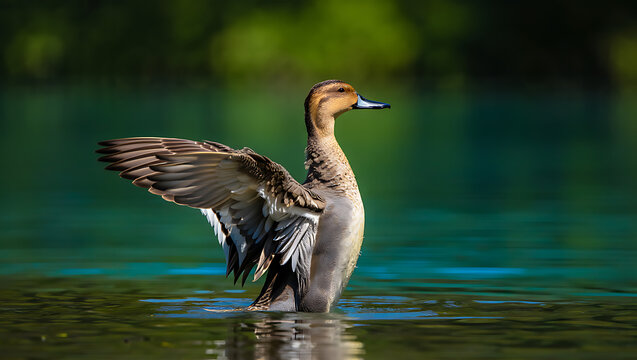 Beautiful northern pintail duck displaying wingspan in calm water with green blurred background