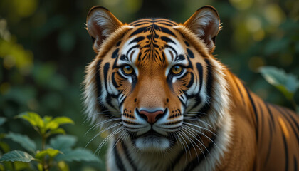 Fototapeta premium Tiger Staring Intensely with Sharp Focus and Lush Green Background